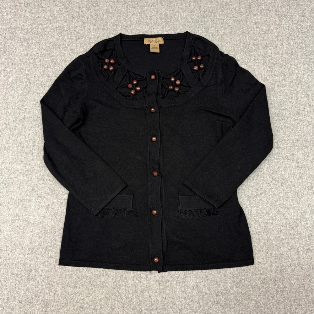 Peck & Peck Weekend Cardigan Sweater Small Black Beaded Lattice Fringe Boho Knit